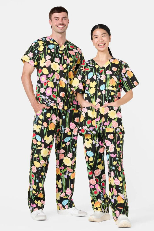 Image of a model wearing Uniforms & Workwear. Productname: Easter Garden Scrub Set in Black colour by brand - Gorman