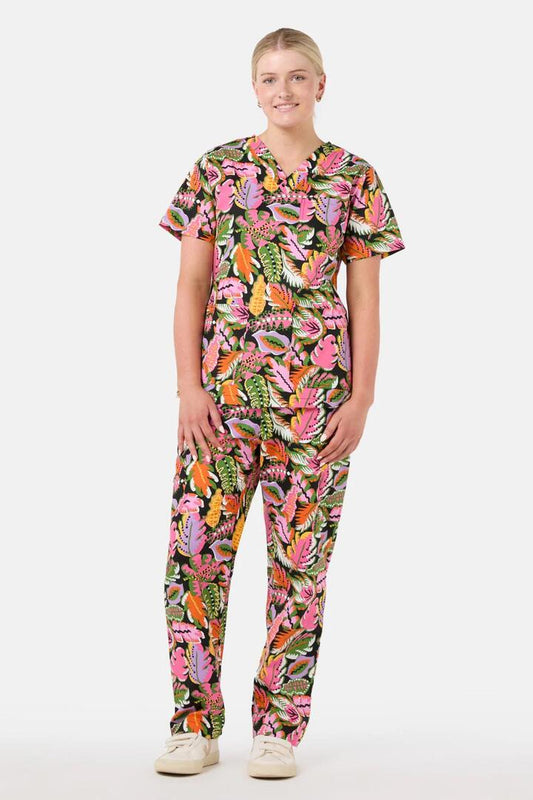 Image of a model wearing Uniforms & Workwear. Productname: Tropical Leaves Scrub Set in Black colour by brand - Gorman