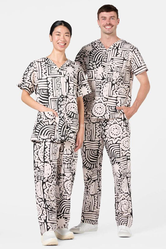 Image of a model wearing Uniforms & Workwear. Productname: Brushstroke Scrub Set in Black colour by brand - Gorman