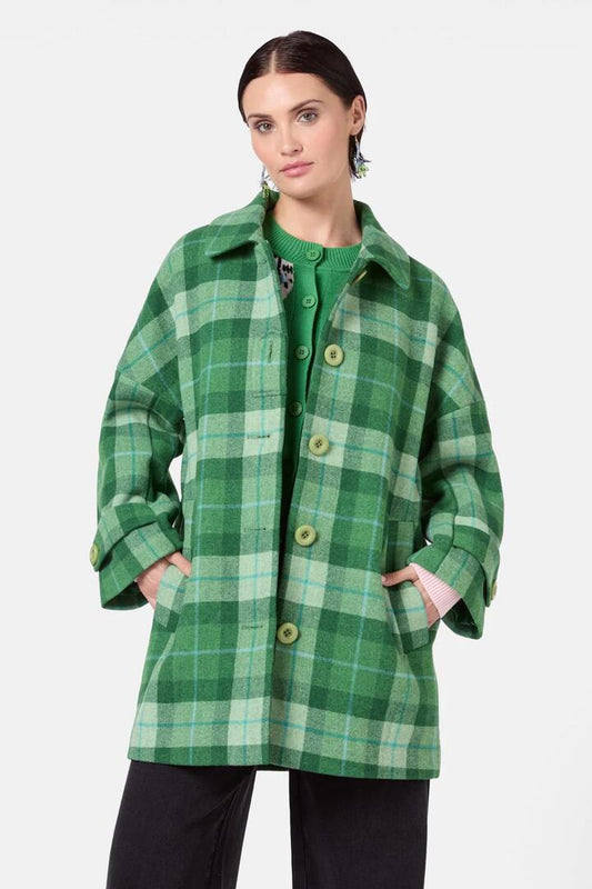 Image of a model wearing Outerwear. Productname: Garden Check Coat in Green colour by brand - Gorman