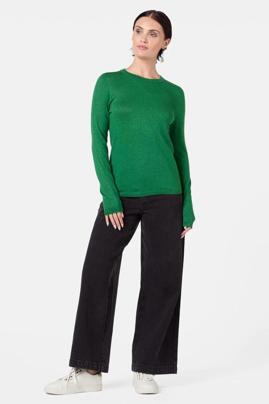 Image of a model wearing Tops. Productname: Galaxy Crew Neck Knit Top in Green colour by brand - Gorman