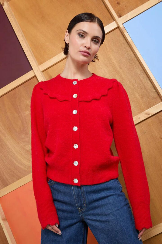 Image of a model wearing Outerwear. Productname: Sweetheart Cardigan in Red colour by brand - Gorman
