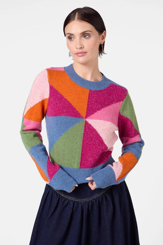 Image of a model wearing Outerwear. Product name - Ellie Jumper in Multi colour by brand - Gorman
