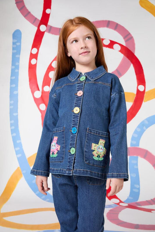 Image of a model wearing Outerwear. Productname: Happy Floral Kids Denim Jacket in Denim colour by brand - Gorman