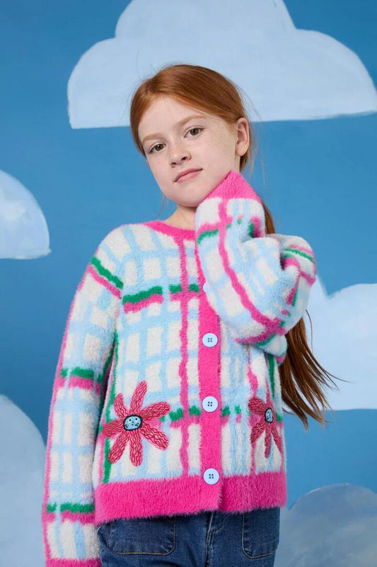 Image of a model wearing Outerwear. Productname: Fluffy Check Kids Cardigan in Multi colour by brand - Gorman