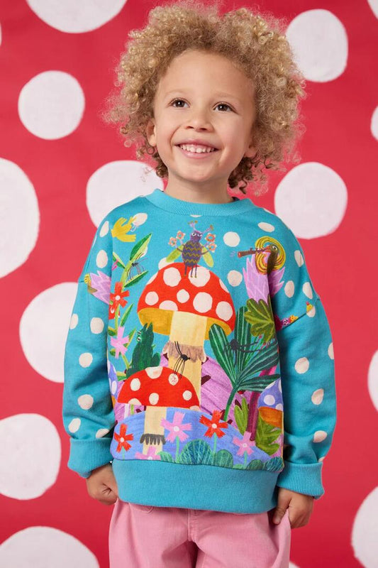 Image of a model wearing Outerwear. Productname: Toadstool Spot Kids Sweater in Teal colour by brand - Gorman