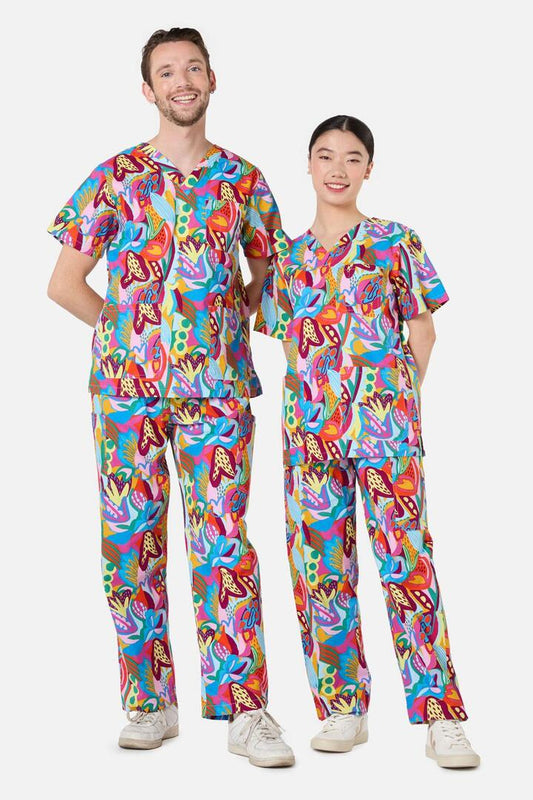 Image of a model wearing Uniforms & Workwear. Product name - Jungle Scrubs Set in Multi colour by brand - Gorman