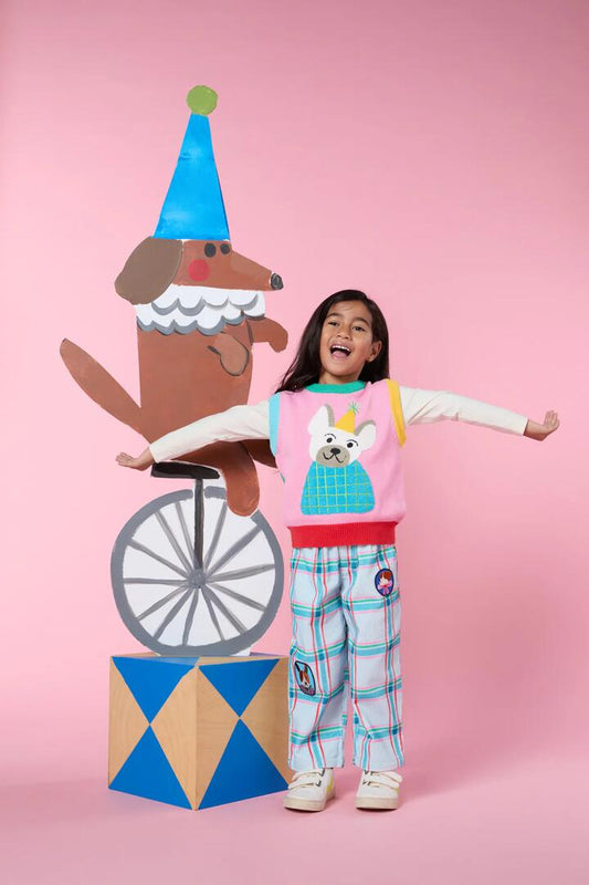 Image of a model wearing Pants. Productname: Doggy Patch Kids Cord Pant in Blue colour by brand - Gorman