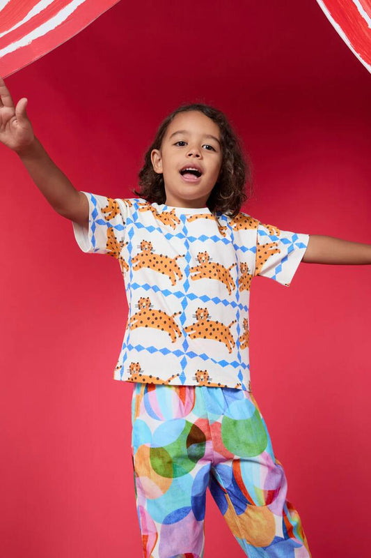 Image of a model wearing Tops. Productname: Leopard Kids SS Tee in Cream colour by brand - Gorman