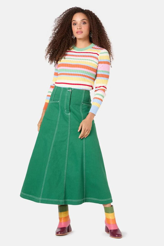 Image of a model wearing Skirts. Productname: Tallulah Denim Skirt in Green colour by brand - Gorman