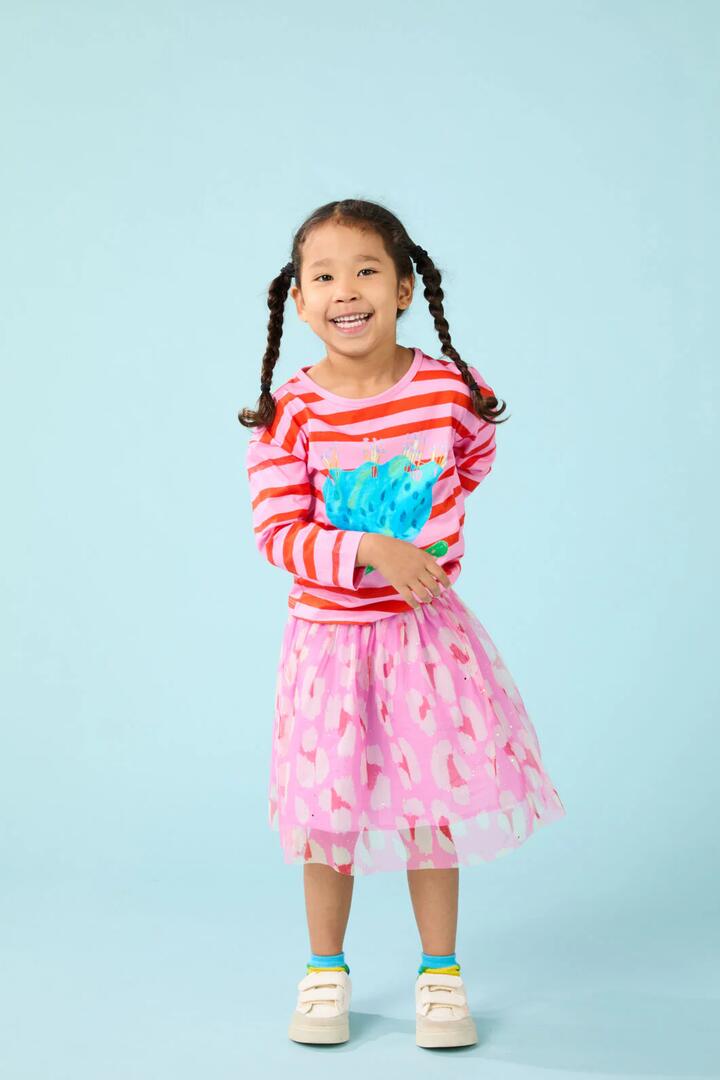 Image of a model wearing Skirts. Productname: Pink Leopard Kids Mesh Skirt in Pink colour by brand - Gorman