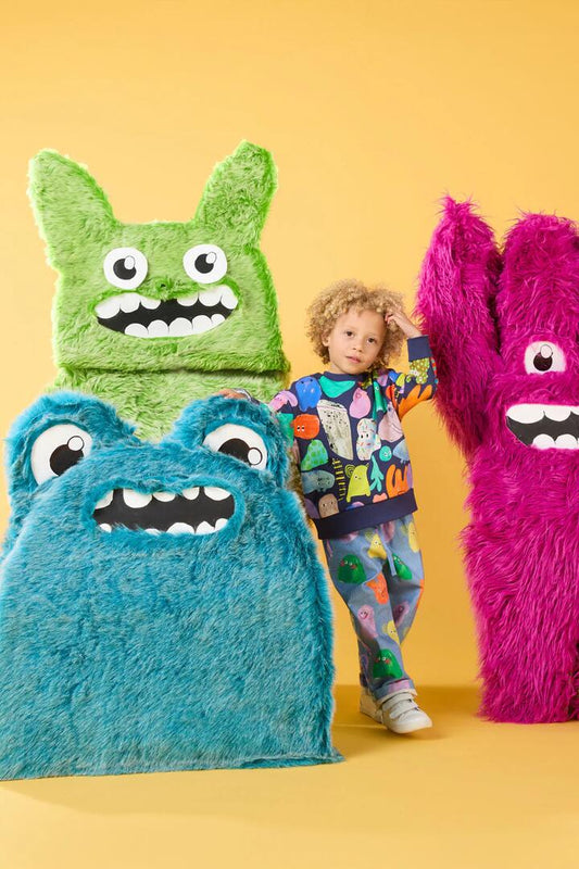 Image of a model wearing Outerwear. Productname: Monsters Kids Sweater in Navy colour by brand - Gorman