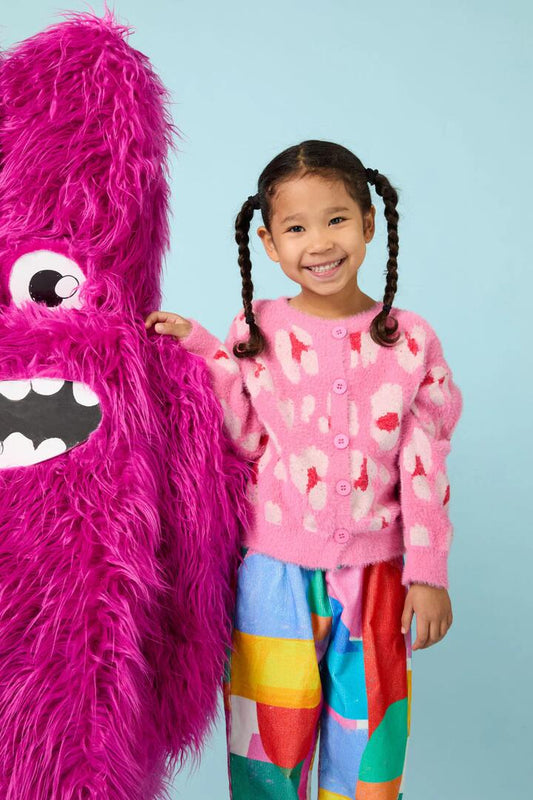 Image of a model wearing Outerwear. Productname: Pink Leopard Kids Cardigan in Pink colour by brand - Gorman