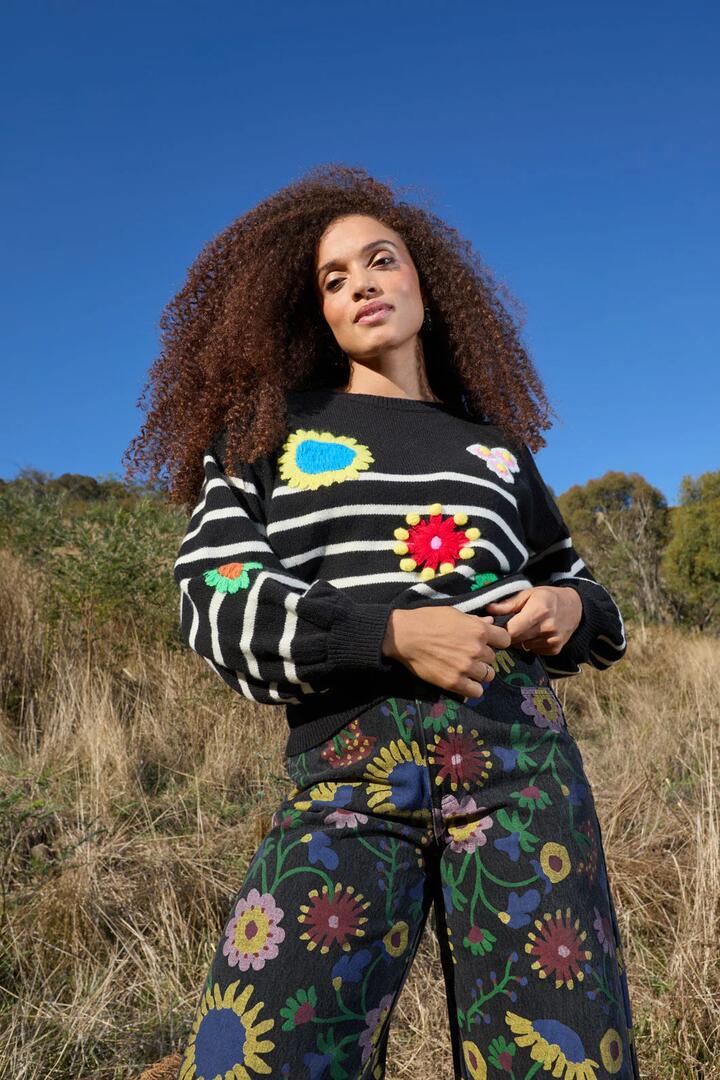 Image of a model wearing Outerwear. Product name - Bloomscape Jumper in Print colour by brand - Gorman