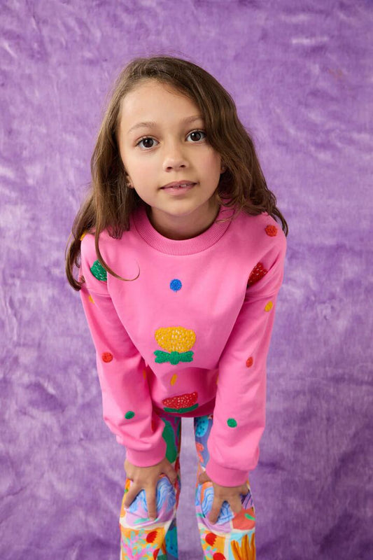 Image of a model wearing Outerwear. Productname: Floral Tuft Kids Sweater in Pink colour by brand - Gorman