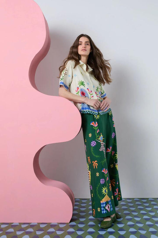 Image of a model wearing Pants. Product name - Luna Cirque Pant in Print colour by brand - Gorman