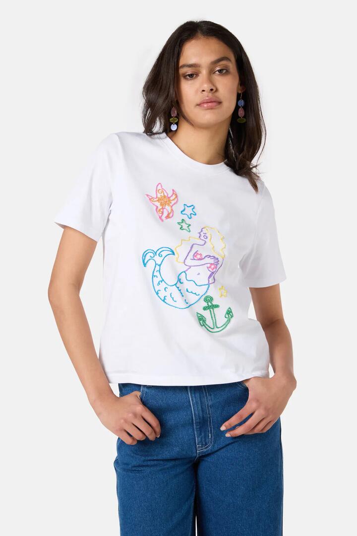 Image of T-Shirts. Product name - Sirena Emb Classic Tee in White colour by brand - Gorman