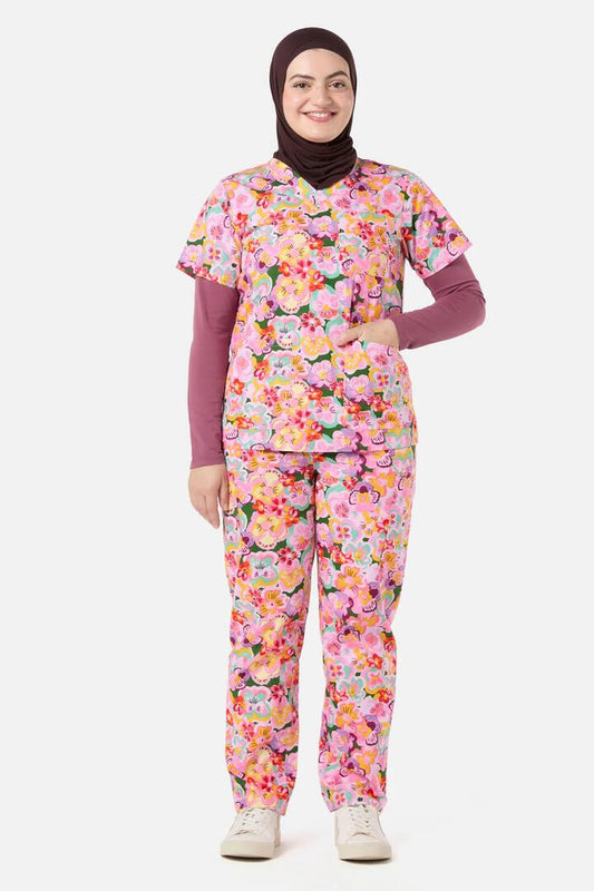 Image of a model wearing Uniforms & Workwear. Productname: Wild Pansy Scrub Set in Multi colour by brand - Gorman