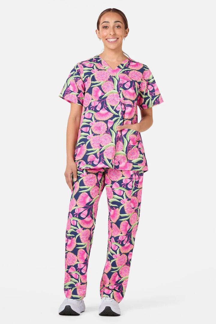 Image of a model wearing Uniforms & Workwear. Product name - Gum Blossoms Scrub Set in Navy colour by brand - Gorman