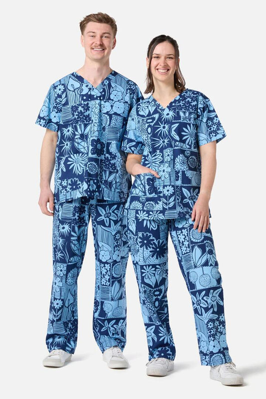 Image of a model wearing Uniforms & Workwear. Productname: Flower Collage Scrub Set in Navy colour by brand - Gorman