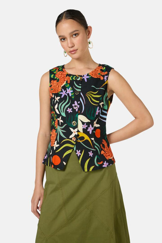 Image of a model wearing Tops. Product name - Dancing Playmates Vest in Print colour by brand - Gorman