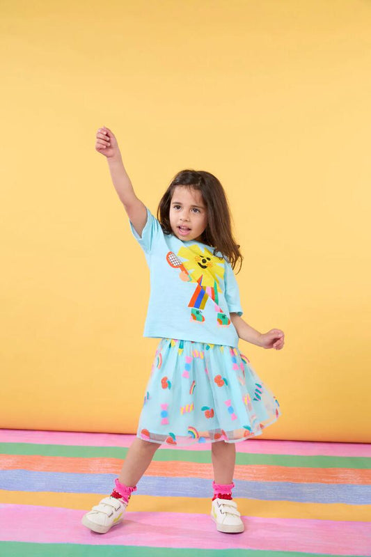 Image of a model wearing Tops. Productname: Sunshine Guy Kids SS Tee in Blue colour by brand - Gorman