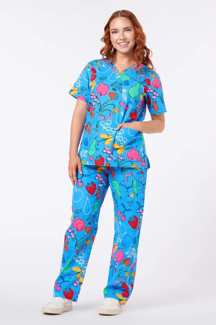 Image of a model wearing Uniforms & Workwear. Product name - Fruit Bowl Scrub set in Blue colour by brand - Gorman