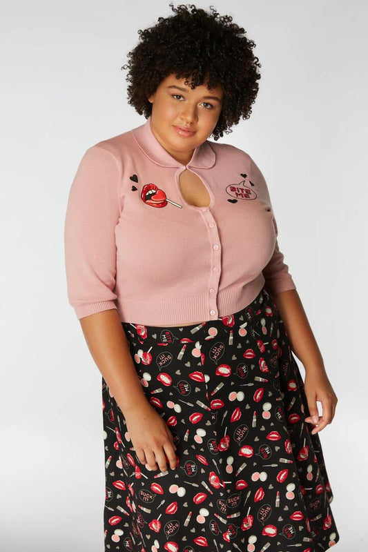 Image of a model wearing Outerwear. Productname: Glow Getter Cardigan Curve in Pink colour by brand - Revival
