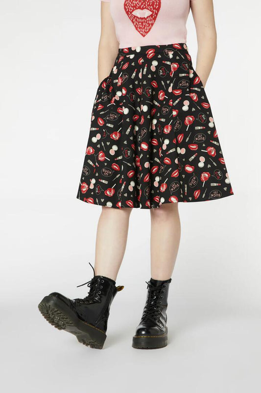 Image of a model wearing Skirts. Productname: Kiss And Makeup Skirt in Pink colour by brand - Revival