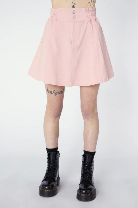Image of a model wearing Skirts. Productname: As If Drill Skater Skirt in Pink colour by brand - Dangerfield
