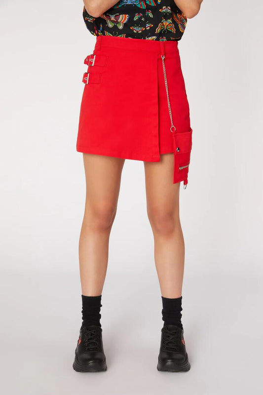 Image of a model wearing Skirts. Productname: Punk Morpho Drill Skort in Red colour by brand - Dangerfield