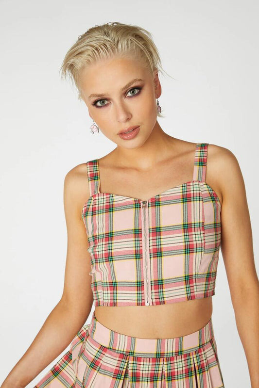 Image of a model wearing Tops. Productname: Spring Tartan Strap Crop Top in Pink colour by brand - Dangerfield