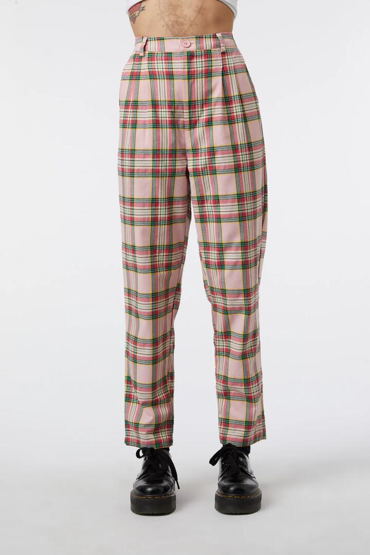 Image of a model wearing Pants. Productname: Spring Tartan Straight Pant in Pink colour by brand - Dangerfield