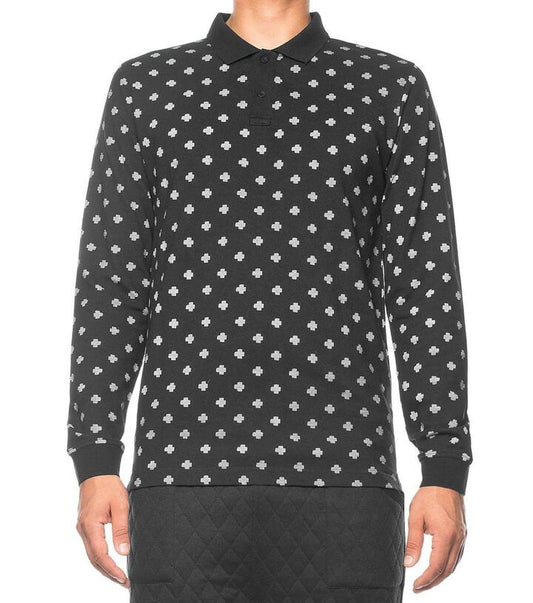 Image of a model wearing Tops. Productname: Cross Long Sleeve Polo in Navy colour by brand - Dangerfield