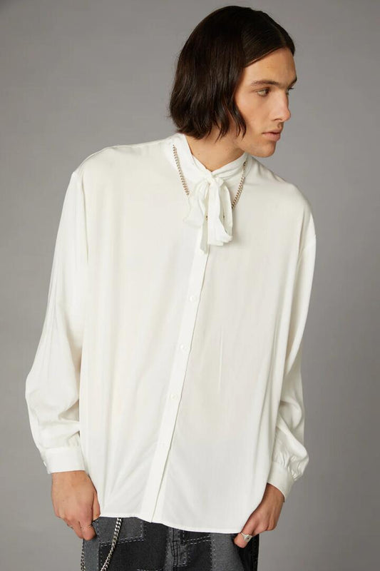 Image of a model wearing Tops. Productname: Bow Front LS Shirt in Vintage White colour by brand - Black Friday