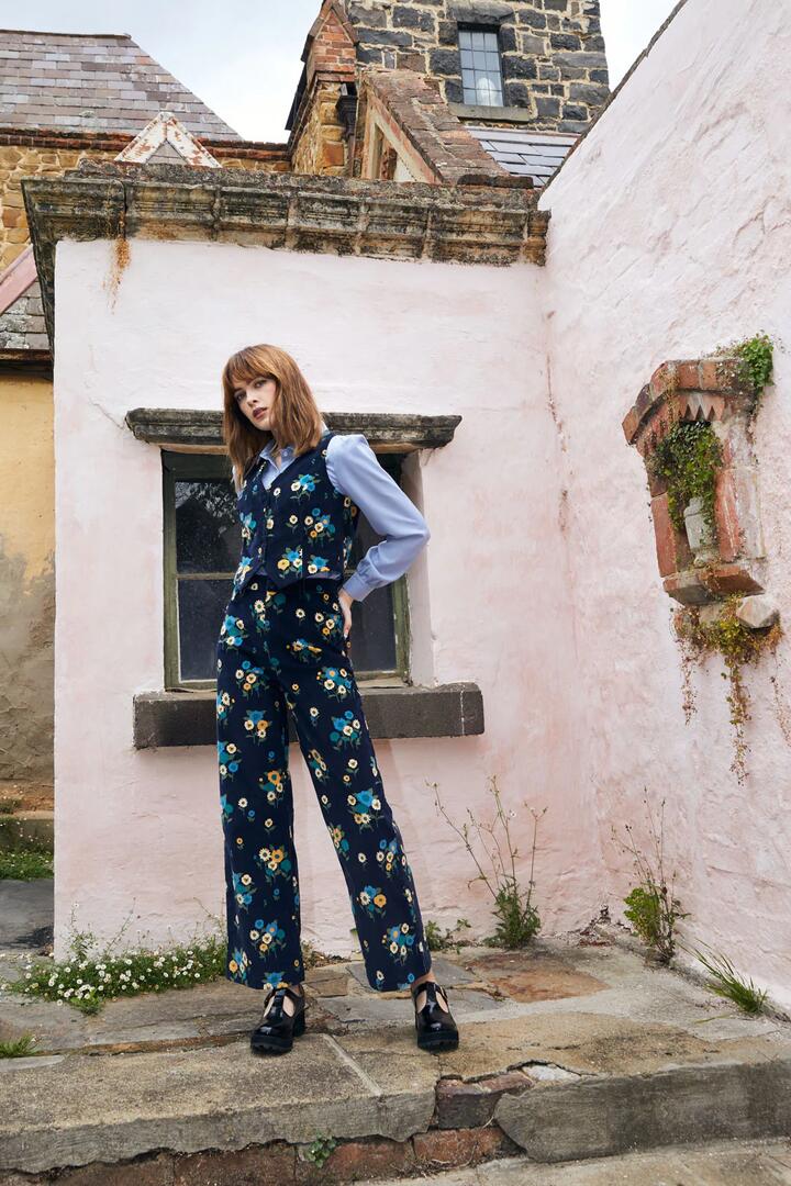 Image of a model wearing Pants. Productname: Bella Pant in Navy colour by brand - Princess Highway