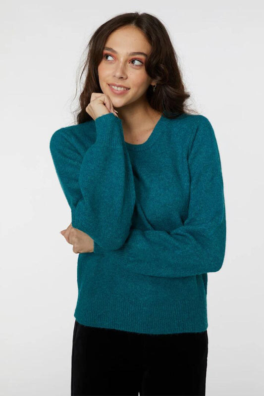Image of a model wearing Outerwear. Productname: Renee Sweater in Teal colour by brand - Princess Highway