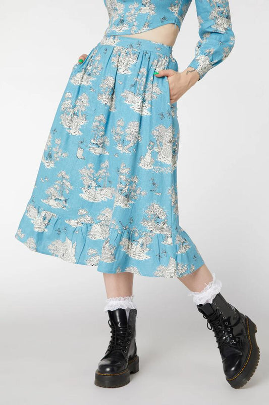 Image of a model wearing Skirts. Productname: Skelly Toile Frill Midi Skirt in Dusty Blue colour by brand - Dangerfield