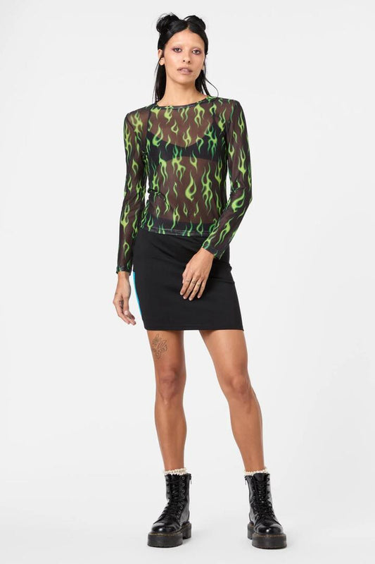 Image of a model wearing Tops. Productname: On Fire Sheer Mesh Top in Black/Green colour by brand - Dangerfield