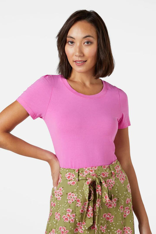 Image of a model wearing Tops. Productname: Macey Tee in Pink colour by brand - Princess Highway