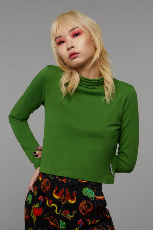 Image of a model wearing Tops. Productname: Simple Skivvy Top in Green colour by brand - Black Friday