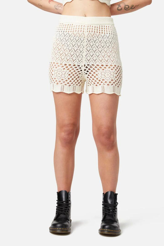 Image of a model wearing Shorts. Productname: Farrah Crochet Short in Cream colour by brand - Dangerfield