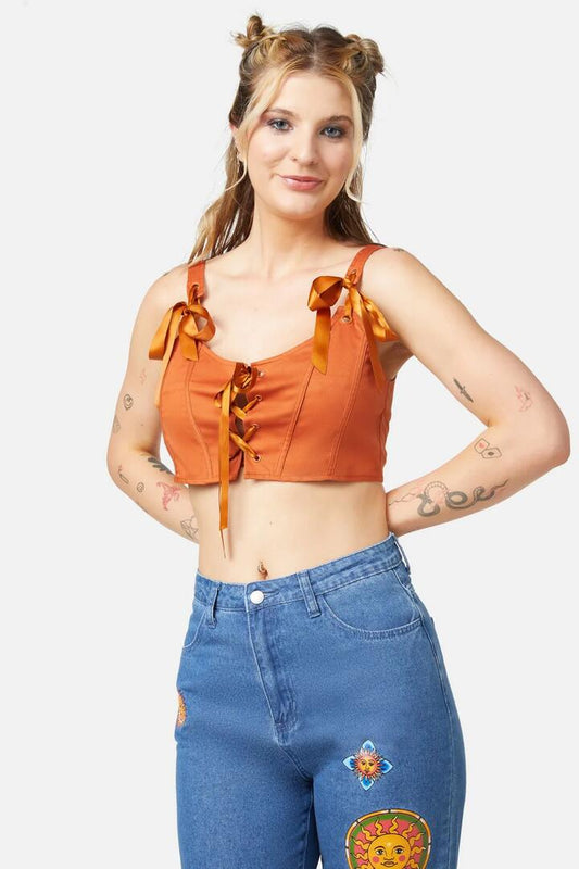 Image of a model wearing Tops. Productname: Grounded Corset Top in Green colour by brand - Dangerfield