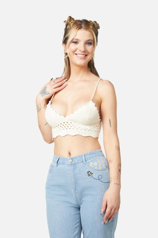 Image of a model wearing Tops. Productname: Farrah Crochet Bralette in Cream colour by brand - Dangerfield