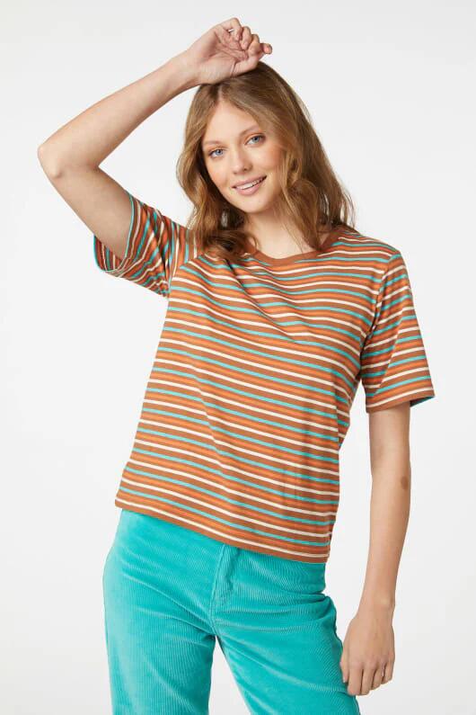Image of a model wearing Tops. Productname: Pattie Stripe Tee in Green colour by brand - Princess Highway