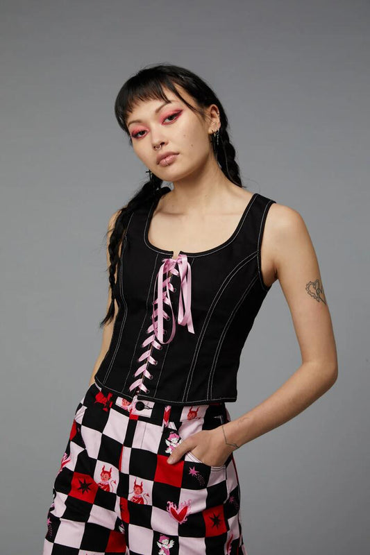 Image of a model wearing Tops. Productname: Contrast Grunge Corset Top in Pink colour by brand - Black Friday