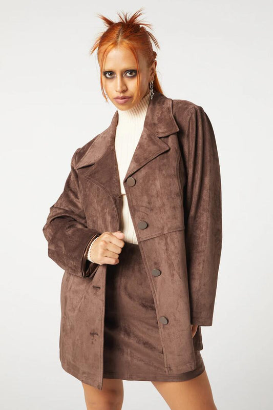 Image of a model wearing Outerwear. Productname: Suede Glade Jacket in Black colour by brand - Dangerfield