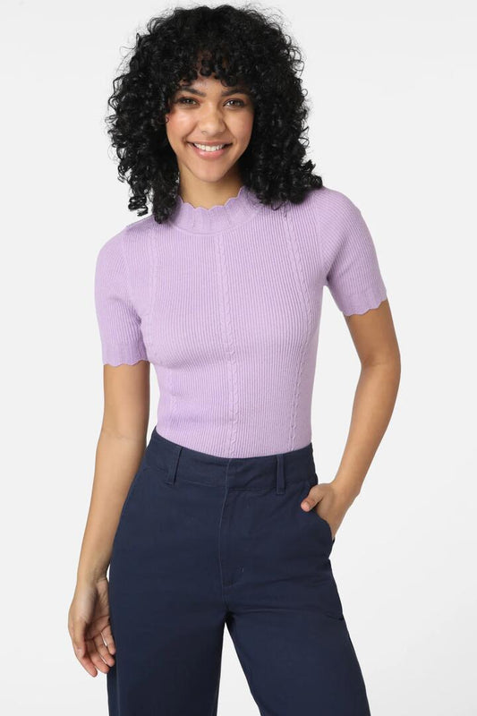 Image of a model wearing Tops. Productname: Sophie Knit Top in Lilac colour by brand - Princess Highway