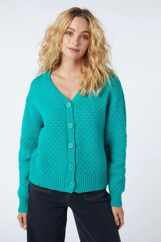 Image of a model wearing Outerwear. Productname: Melody Cardi in Teal colour by brand - Princess Highway