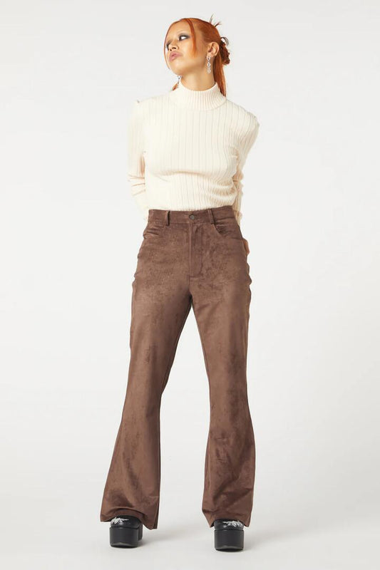 Image of a model wearing Pants. Productname: Suede Glade Pant in Brown colour by brand - Dangerfield